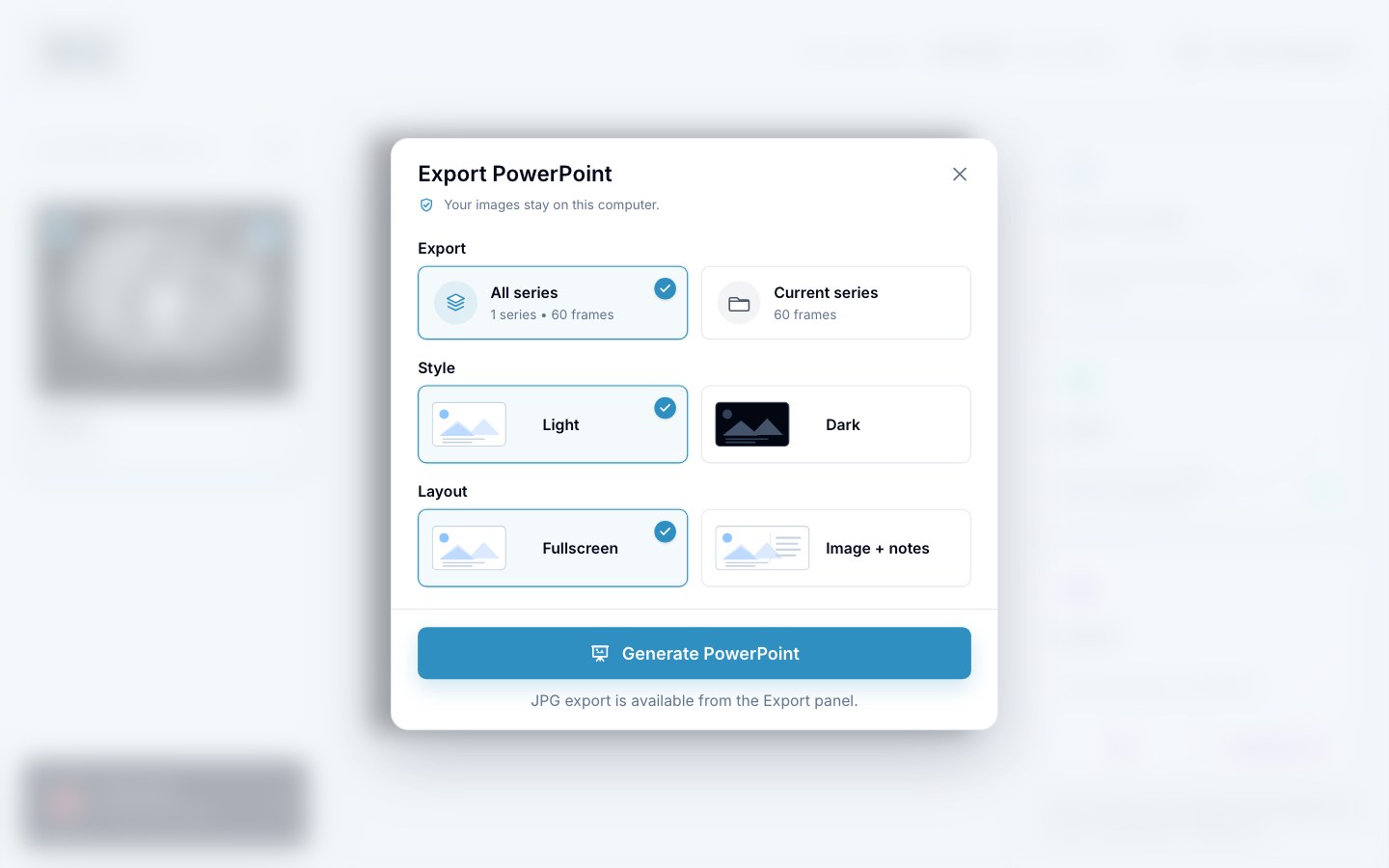 The Export PowerPoint dialog with options for series, light or dark style, and fullscreen or image plus notes layout.